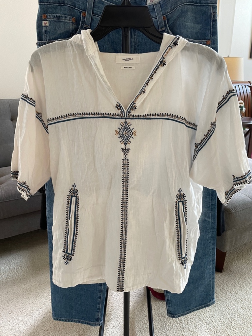Isabel Marant Etoile White Hooded Embroidered Gauzy Lightweight Tunic 34 XS/S